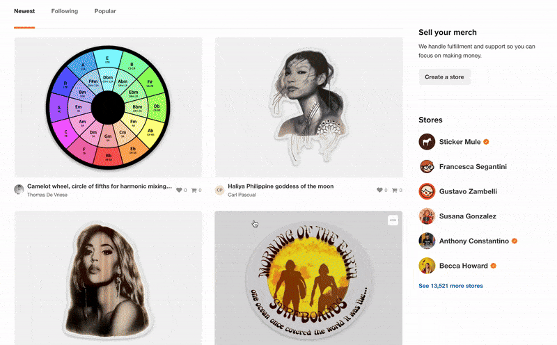 The search option of Sticker Mule Stores, showing the items other users have uploaded.
