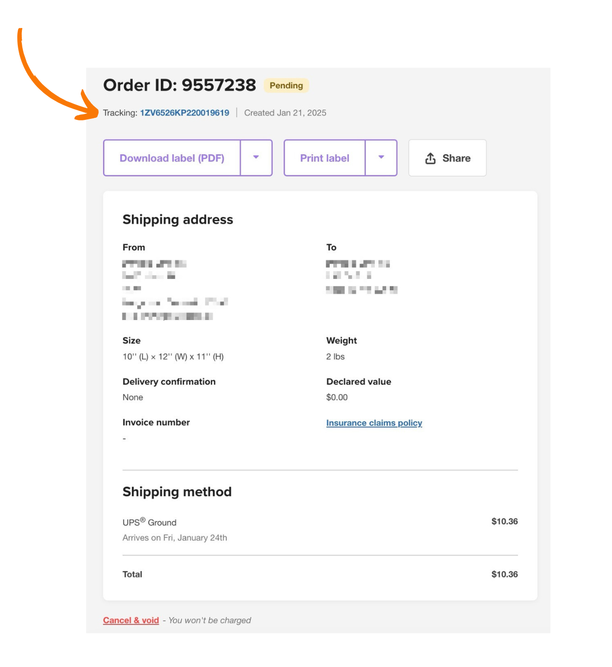 trouvez votre numéro de suivi dans le coin supérieur gauche des détails de votre commande