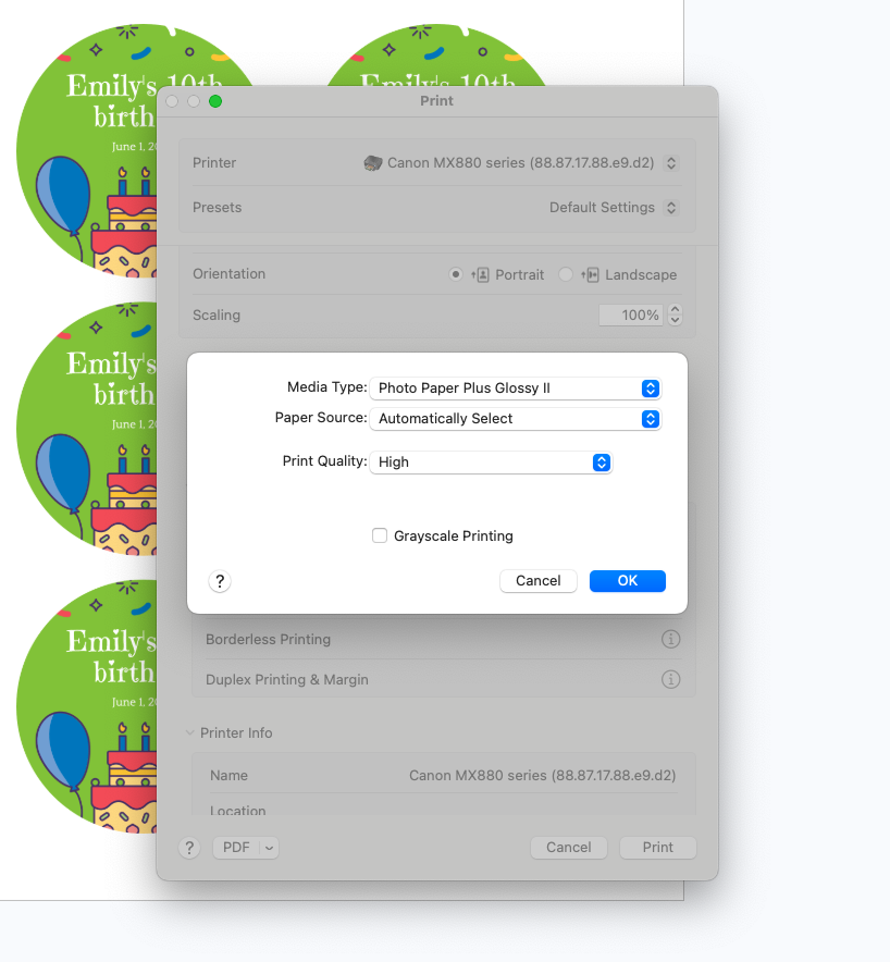 configuración de impresora para stickers en una Canon inkjet