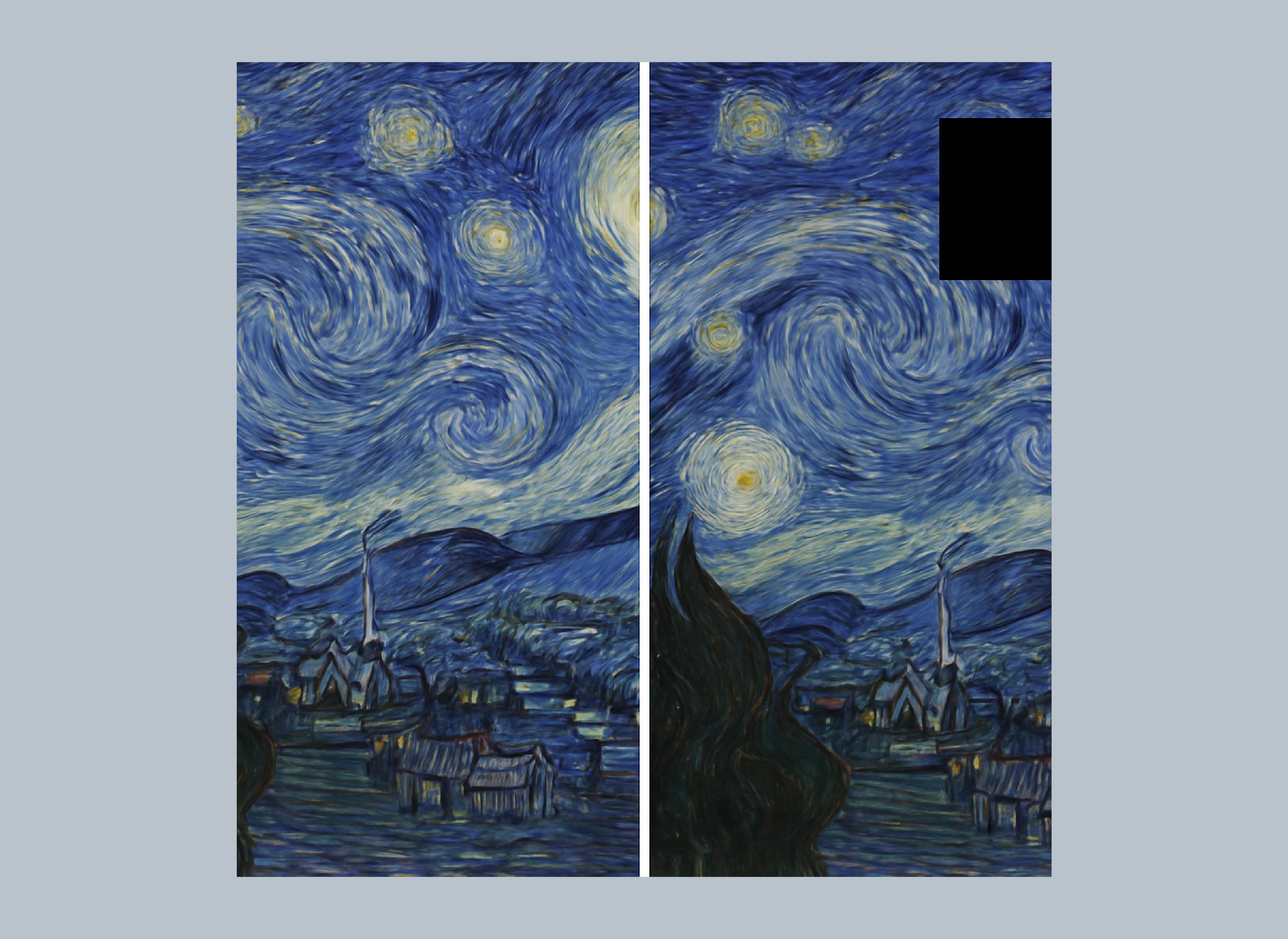 imagen de dos ilustraciones de La Noche Estrellada que coinciden, una al lado de la otra. La de la izquierda está completa y la de la derecha tiene un cuadrado negro donde está la luna para indicar la obra de arte que falta.