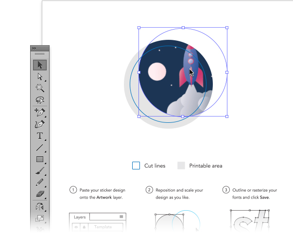 Popsocket stickers template opened in vector illustration editing application