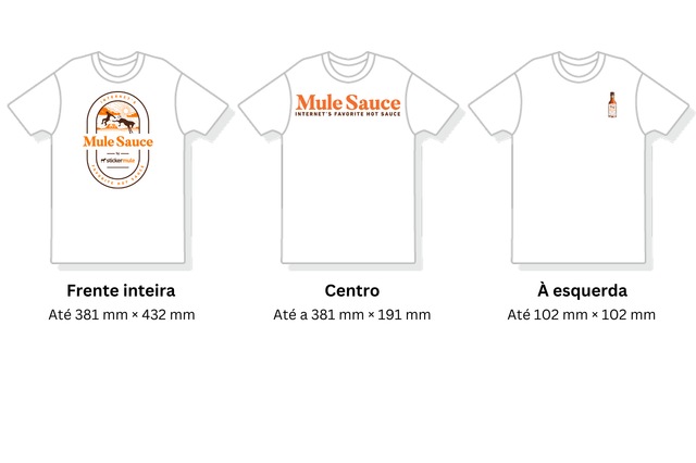 comparação visual de diferentes áreas de impressão em t-shirts personalizadas