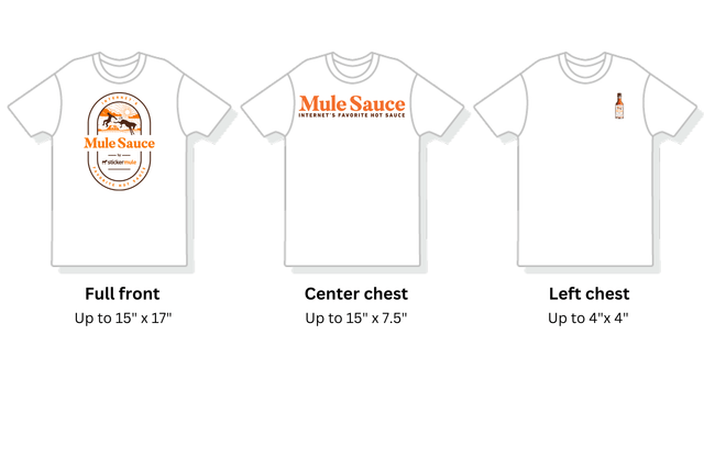 visual comparison of different print areas on custom t-shirts