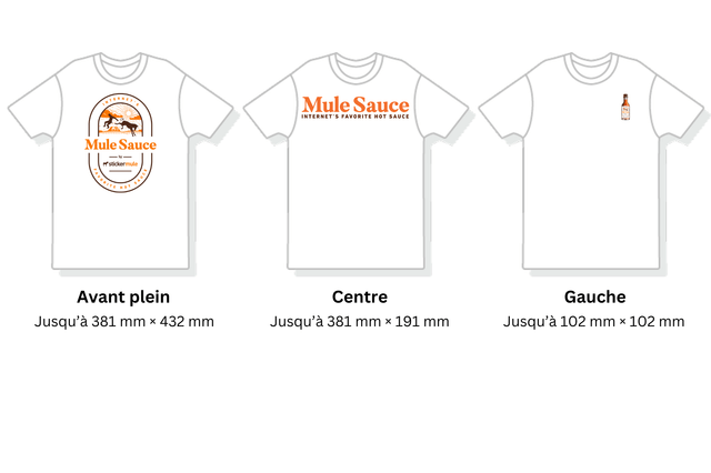 comparaison visuelle des différentes zones d'impression sur les t-shirts personnalisés