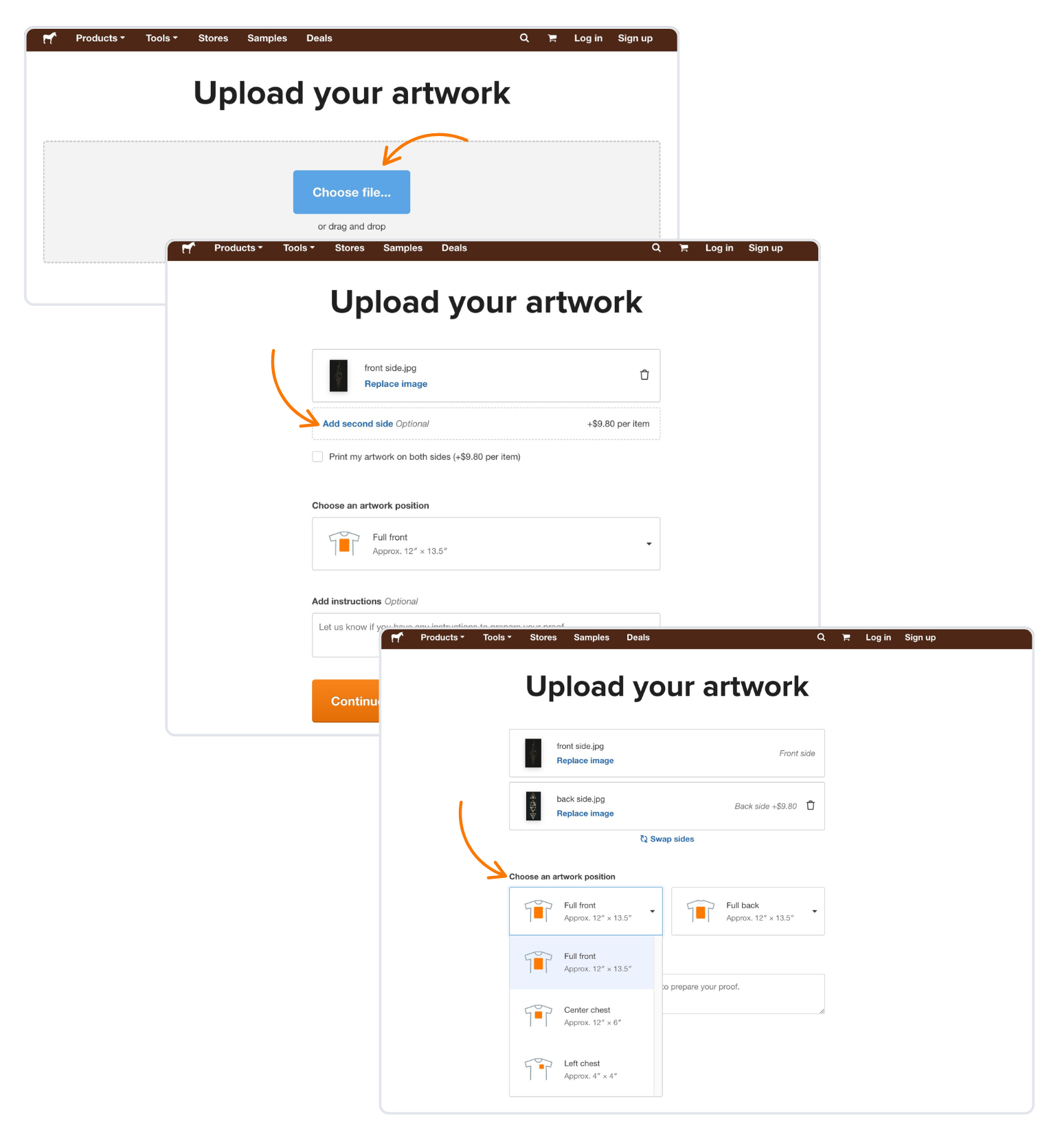 captura de pantalla mostrando cómo añadir impresión en la parte trasera de las playeras