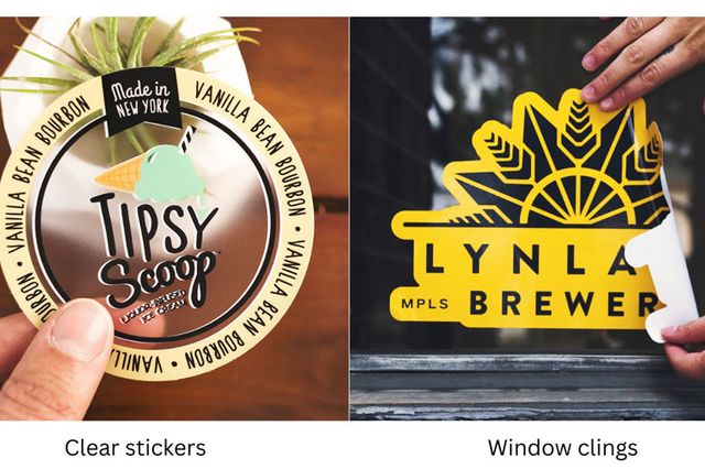 side by side comparison of custom clear stickers and window clings