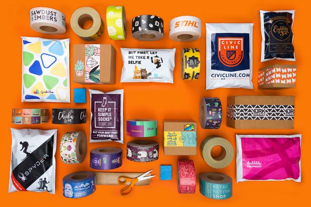 custom packaging tape and mailers against an orange background