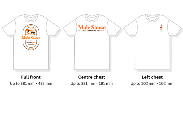 visual comparison of different print areas on custom t-shirts
