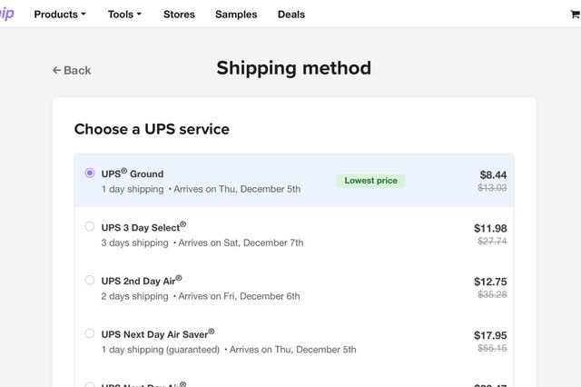 Ship dashboard showing UPS shipping options