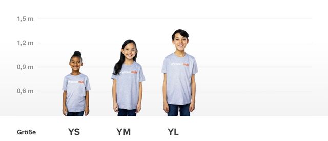 Abbildung mit Größenangaben für kleine, mittlere und große Jugend-T-Shirts
