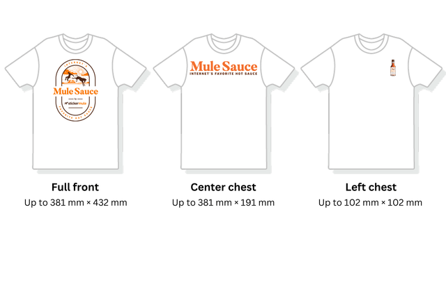 visual comparison of different print areas on custom t-shirts