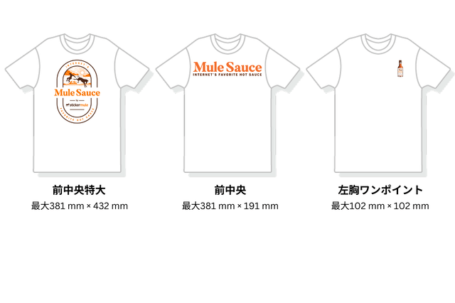 オリジナルTシャツの異なる印刷部分がどのように見えるかを比較