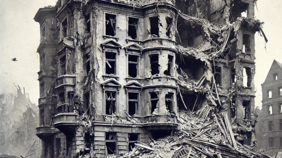 Obrazek wygenerowany przez sztuczną inteligencję przedstawiający zgliszcza budynku wielopiętrowego