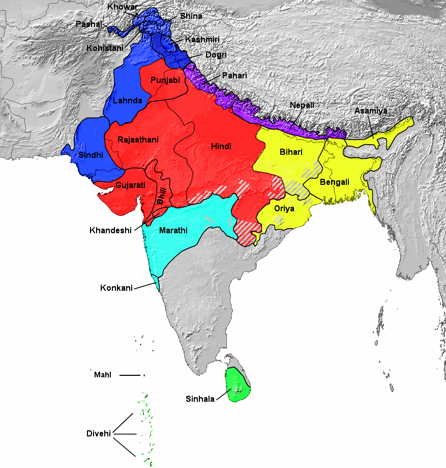 1978 map showing Indo-Aryan languages, grouping according to SIL Ethnologue