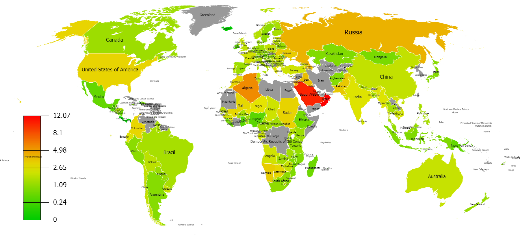 Map of military expenditures as a percentage of GDP by country, 2017.[34][needs update]