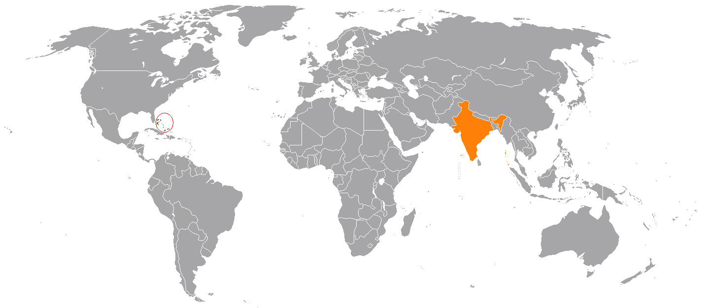 Map indicating locations of Bahamas and India