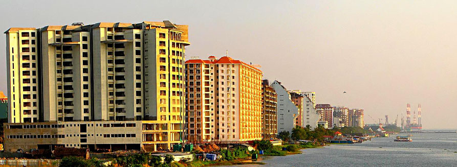 A wide view of the buildings lining the Marine Drive