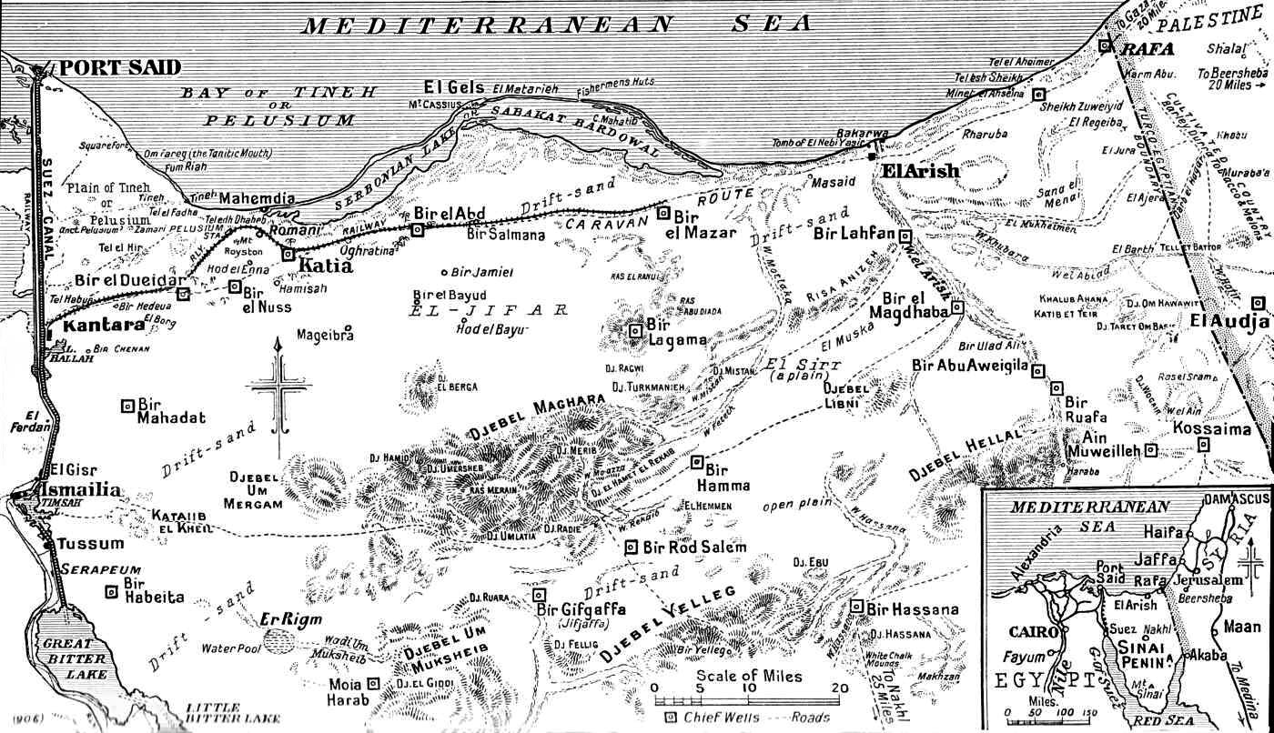 A 1917 black and white line drawing map showing the Mediterranean Sea coastline of the Sinai Peninsula, with Port Said and the Suez Canal shown at far left and Rafa and the Egypt/Palestine border shown at far right. A small inset at bottom right shows the wider area of Egypt and Palestine.