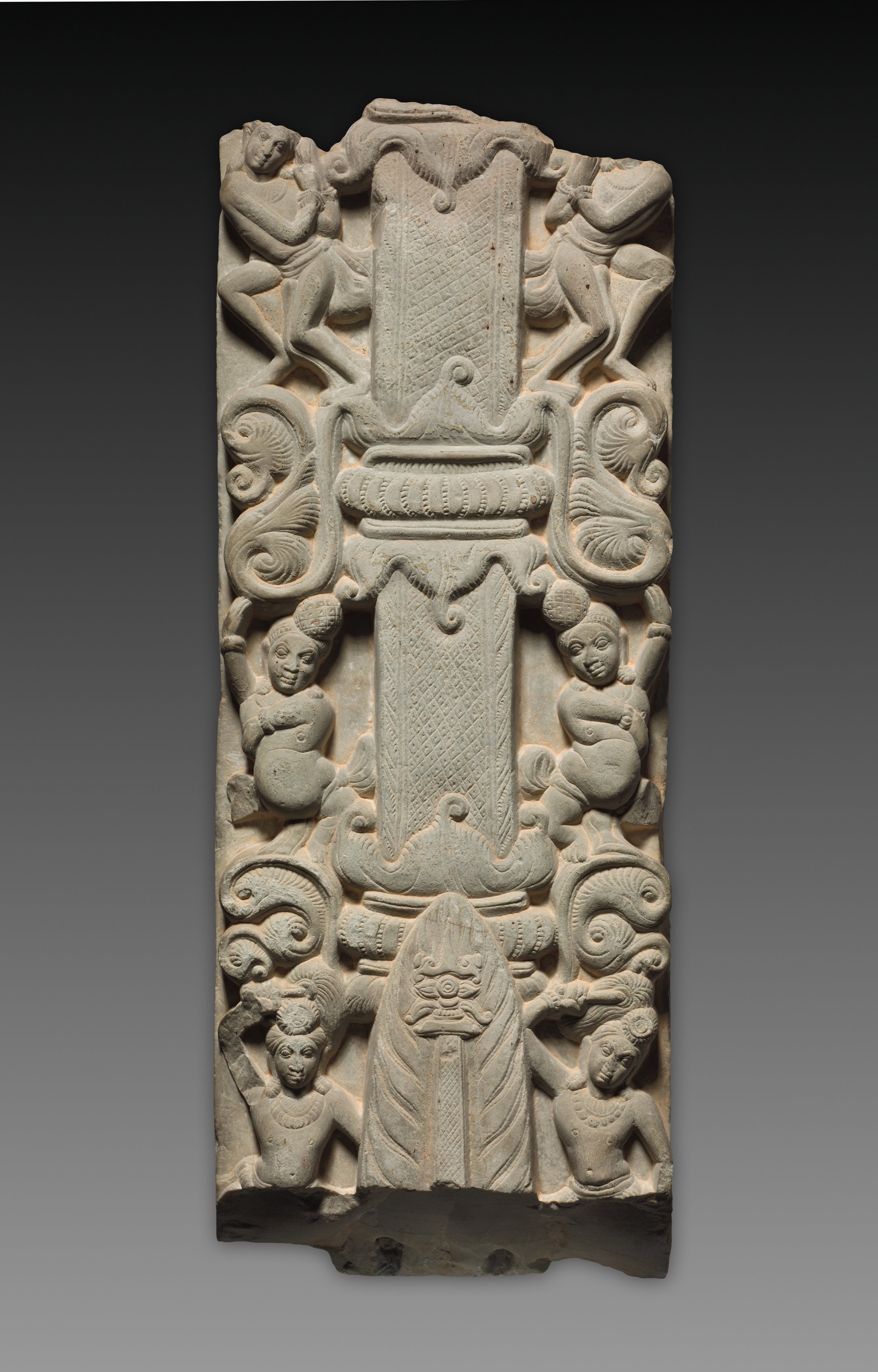 Pilaster fragment, late, Veneration of the Buddha as a Fiery Pillar