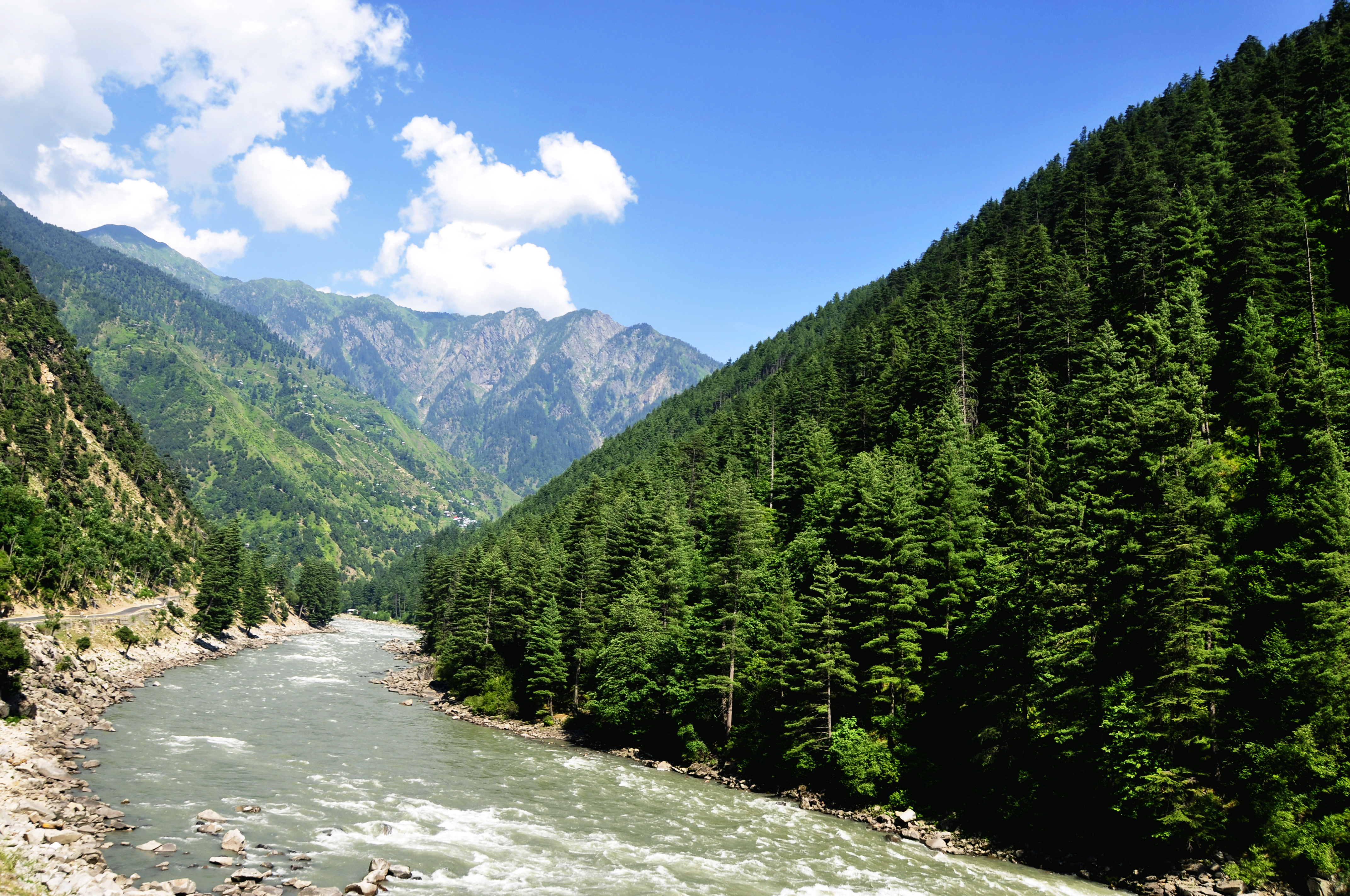 Photograph showing the heavily-forested landscape of the Neelum Valley in July 2013