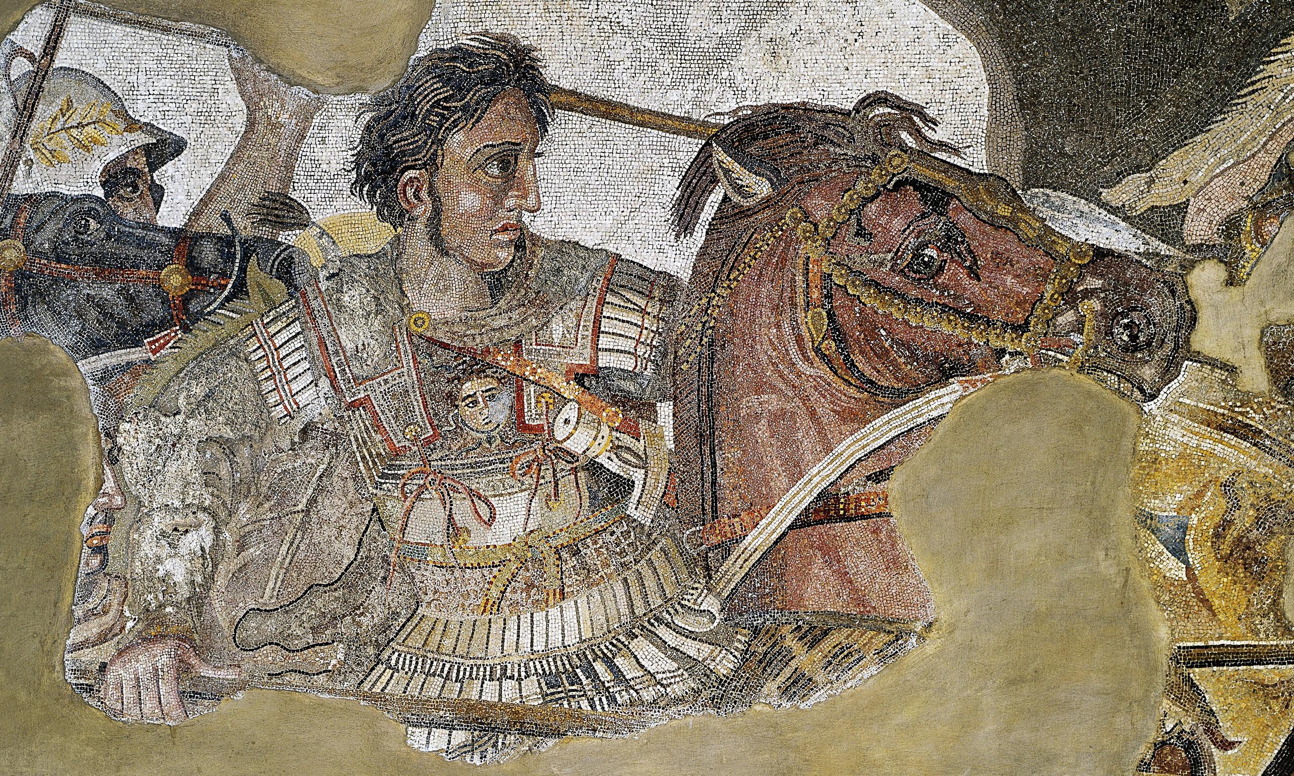 Damaged mosaic depicting a black-haired soldier in full armour but no helmet riding a chestnut horse, with the spears of fellow soldiers behind him