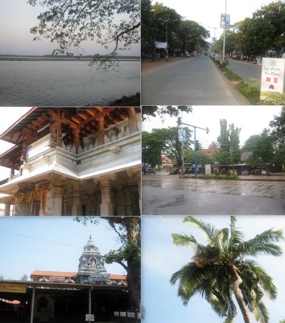 Clockwise from top: Kundapur River, Main Road, Shastri Circle, Coconut tree, Anegudde Sri Vinayaka temple, Kollur Mookambika temple.