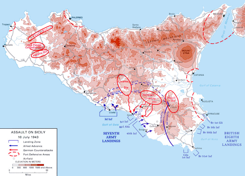 Topographical map of Sicily, with details of landing areas and Axis positions