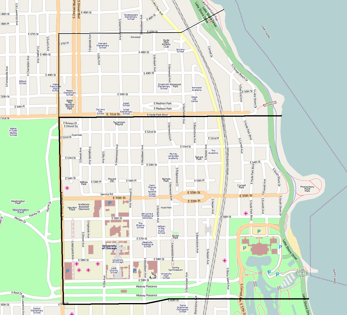 The official Hyde Park community area (bold black) and the unofficial Hyde Park-Kenwood neighborhood extending into the official Kenwood community area (thin black).