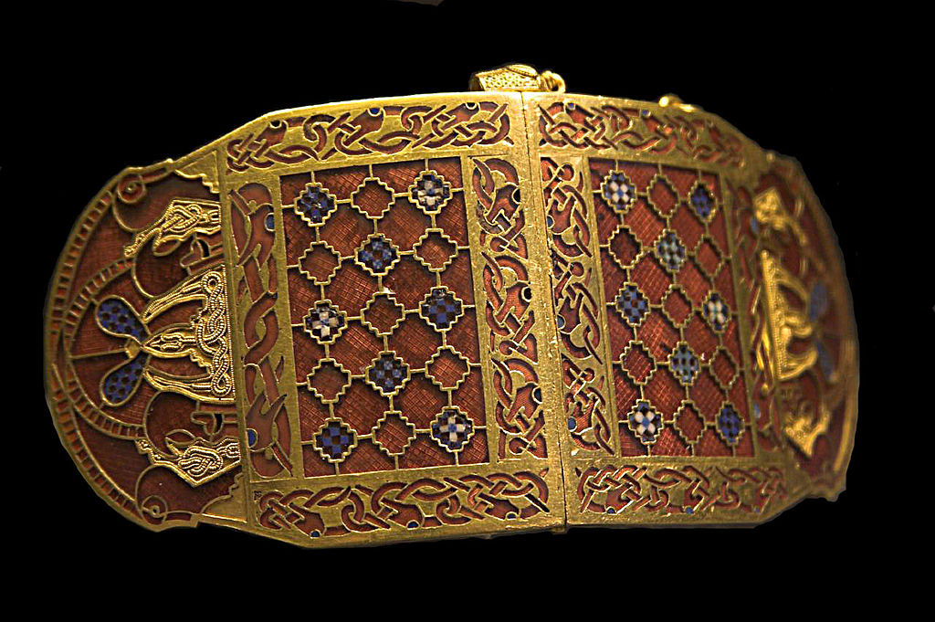 Shoulder-clasps from Sutton Hoo; early 7th century; gold, glass & garnet; length: 12.7 cm; British Museum (London)
