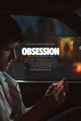 At night, a man in a car looks at a small box. In the background, a woman stands in front of the door of a house. At the center of the poster are the film's title, credits, and tagline reading, "Be careful who you wish for...".