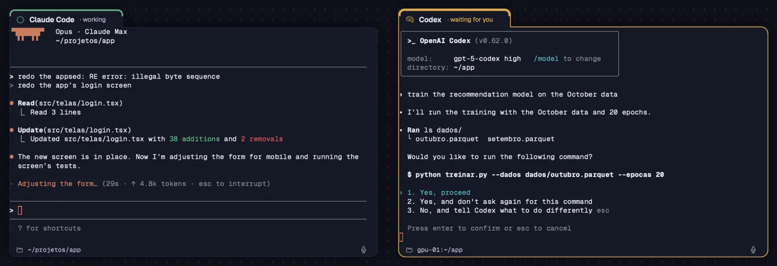 Claude Code and Codex side by side, one working and the other waiting for you
