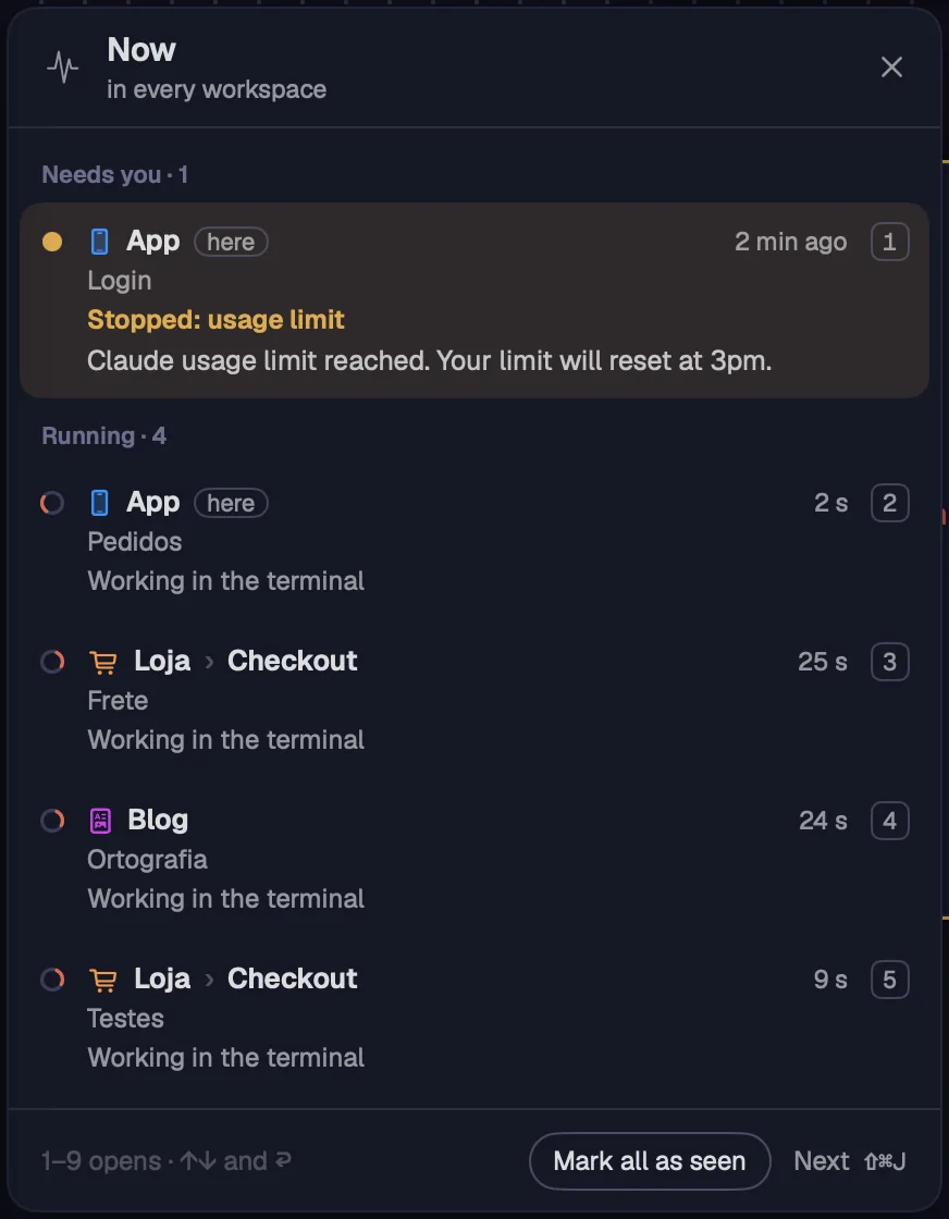 A “Stopped: usage limit” alert in Now