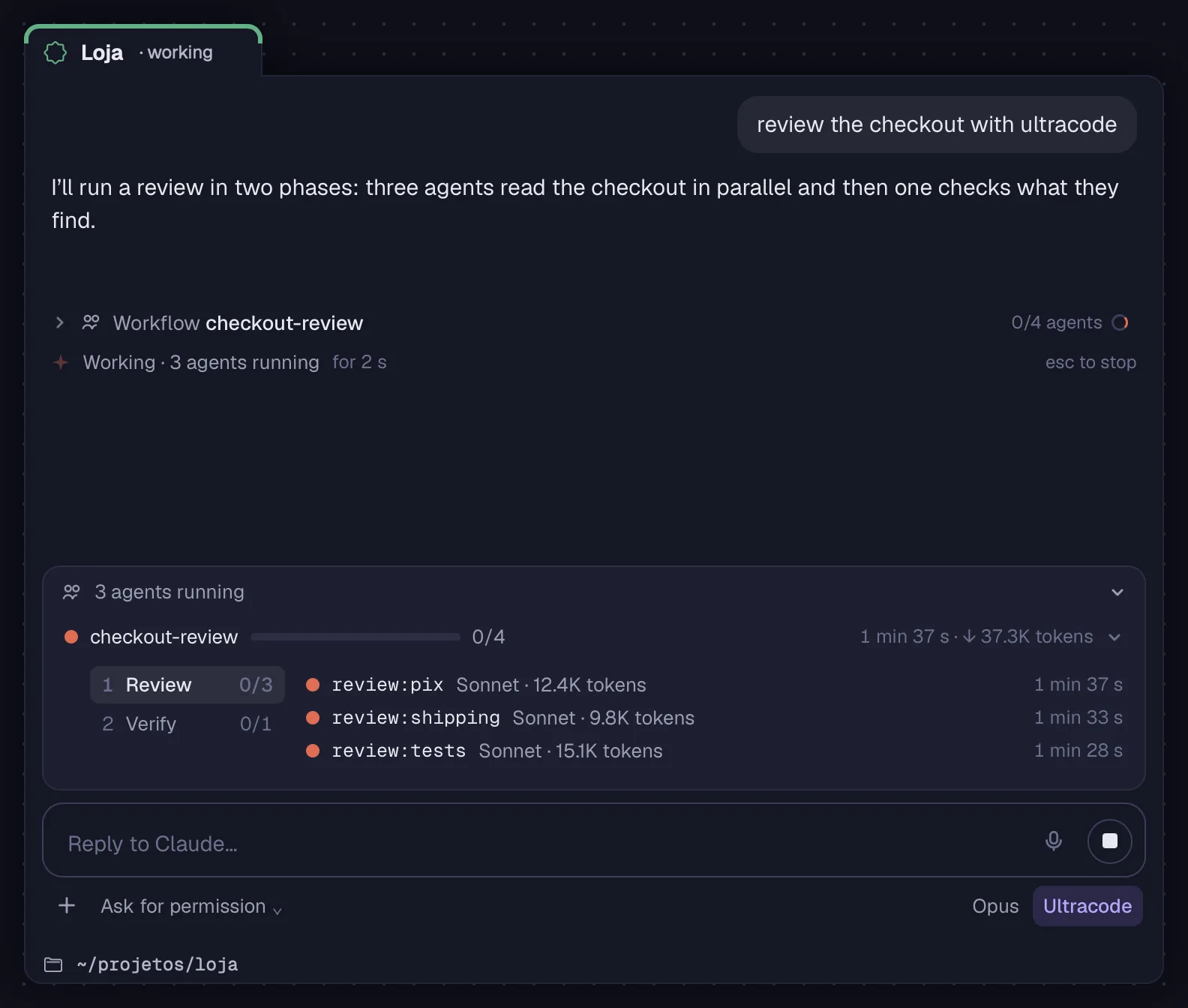 The box of running agents and a Workflow in the conversation