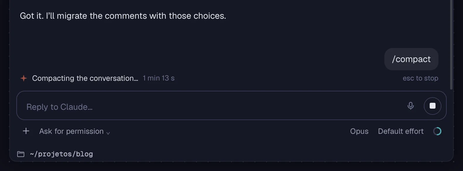 The status line while the conversation is compacted