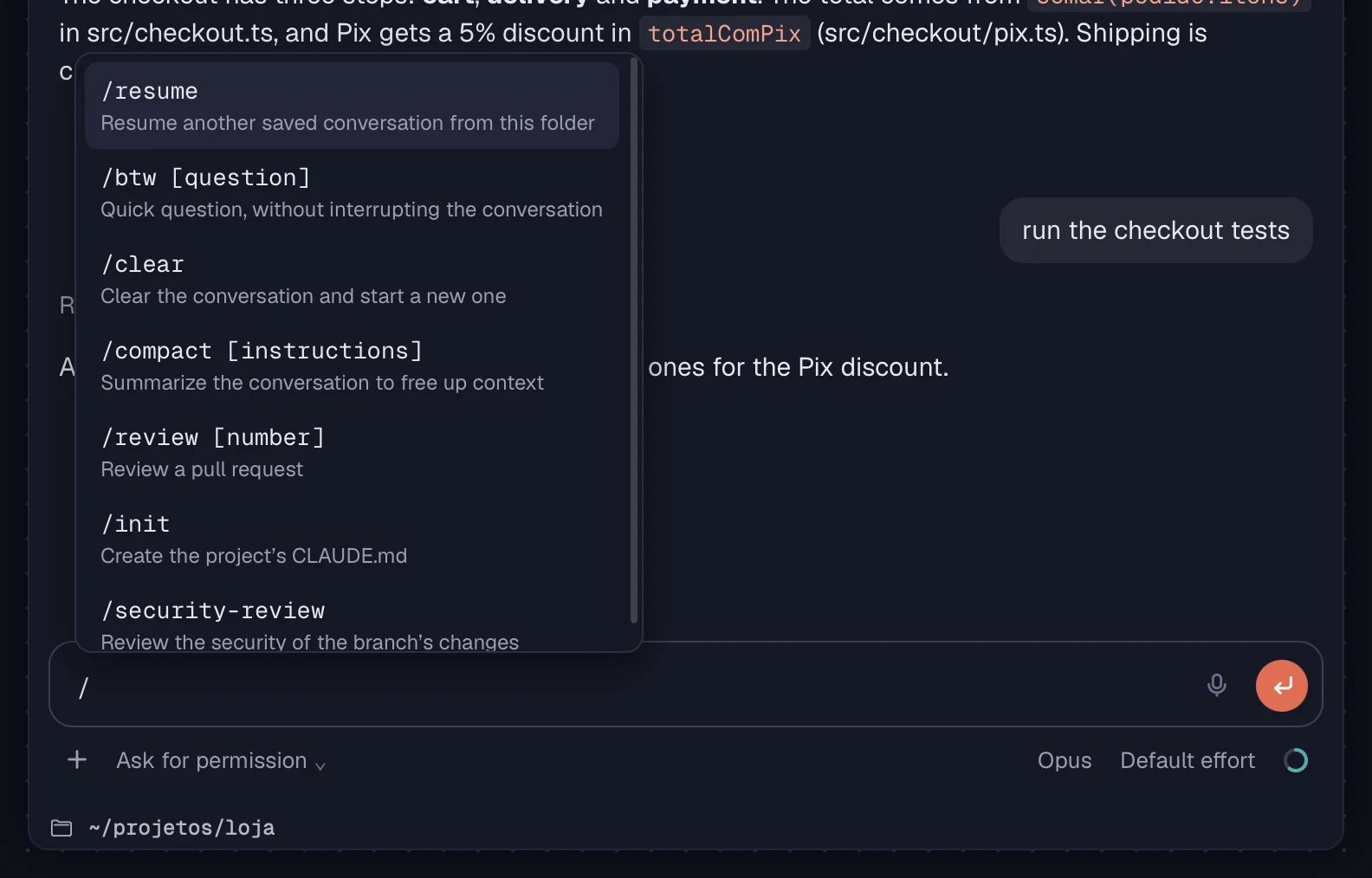The chat's command menu