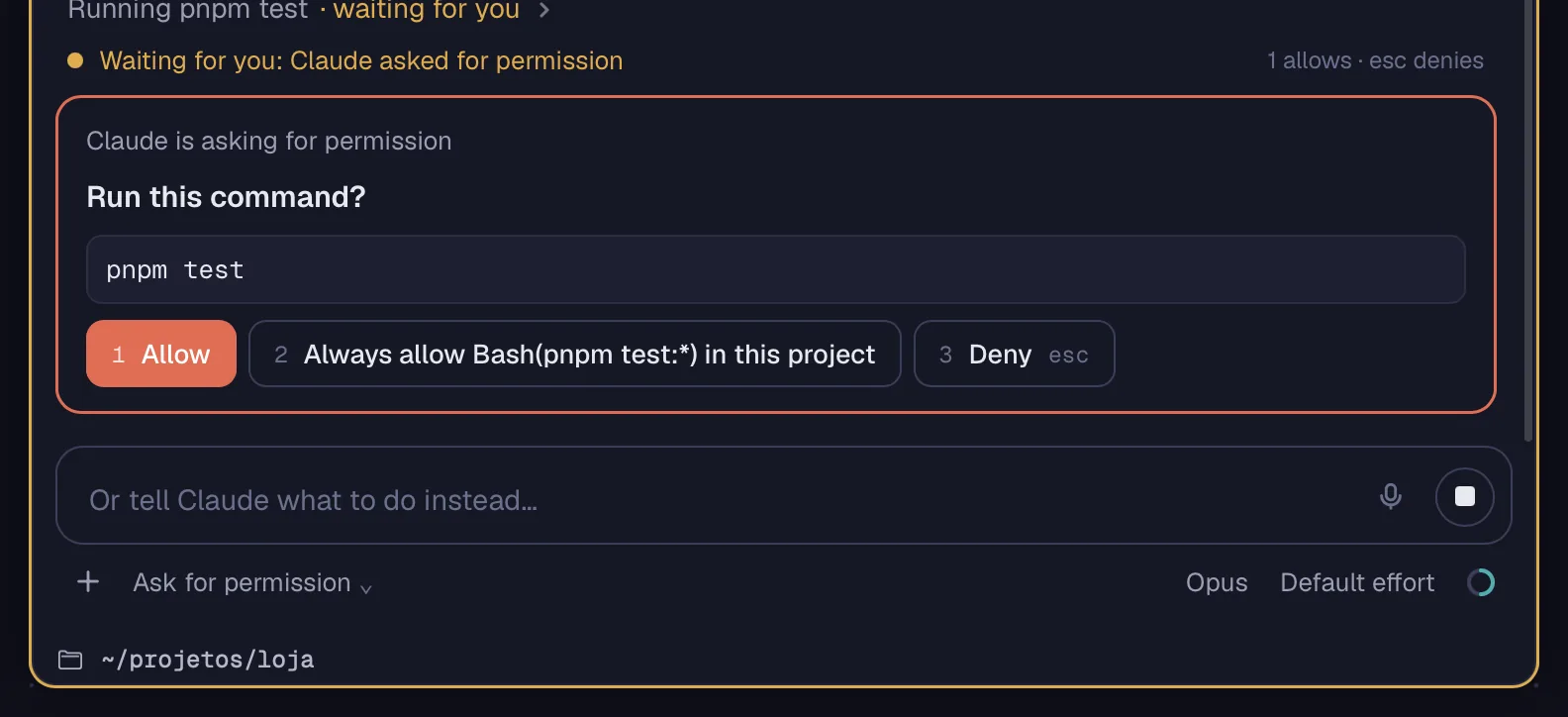 A permission request with numbered options