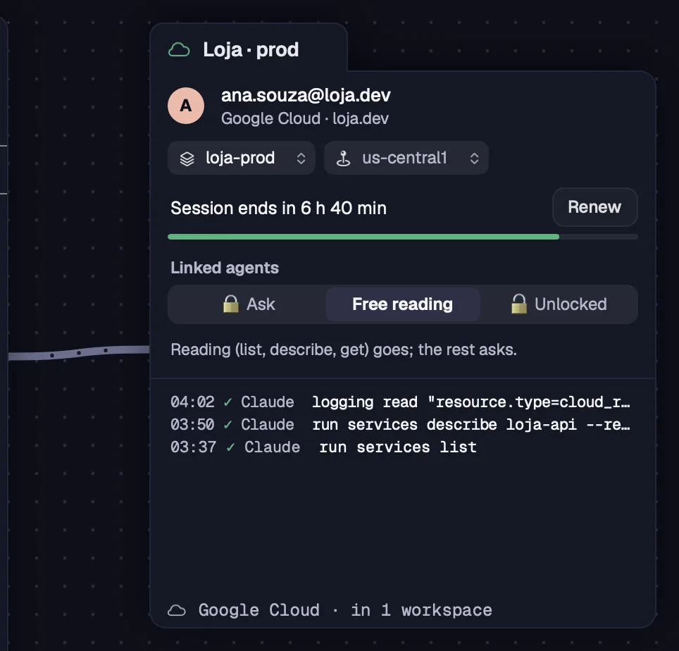 The account card, with the session, the agents' mode and the log