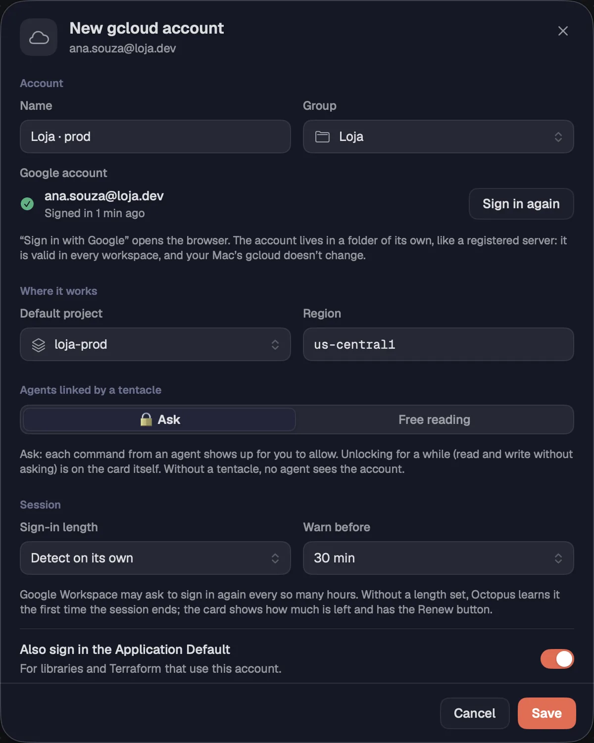 The account sheet, already signed in, with project and region