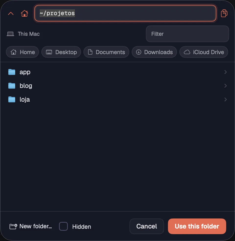 The folder picker with the places row
