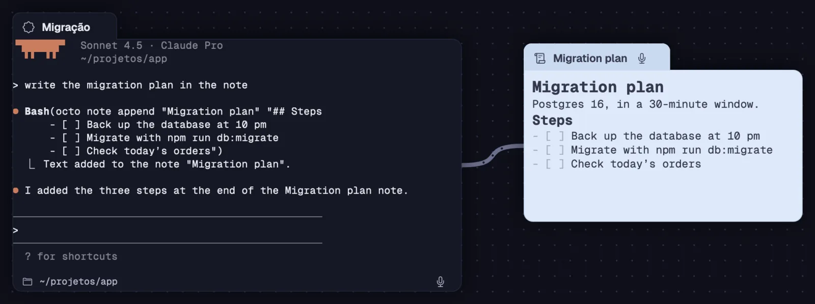 A note linked to a Claude Code that writes in it