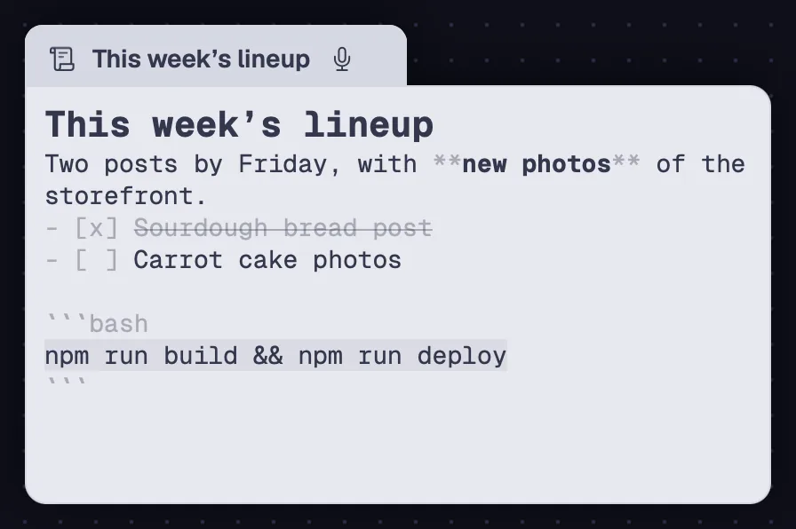 A note with a heading, a to-do list and code