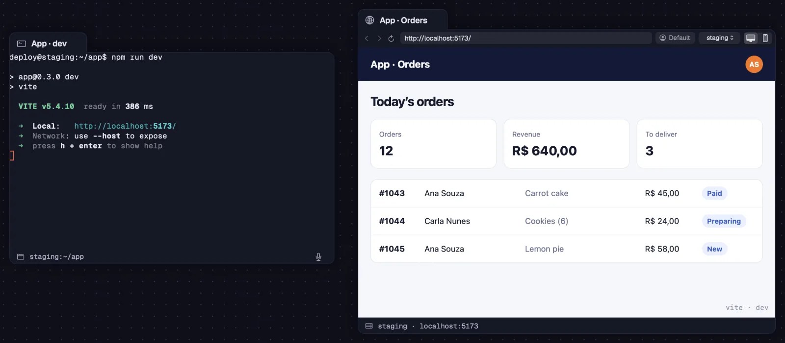 The staging server's development app in the portal