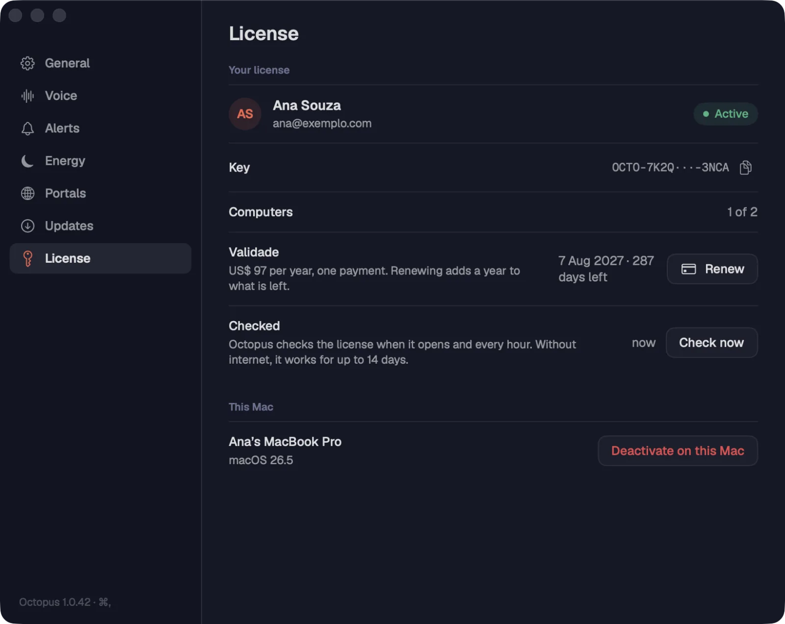 Settings › License with a yearly license