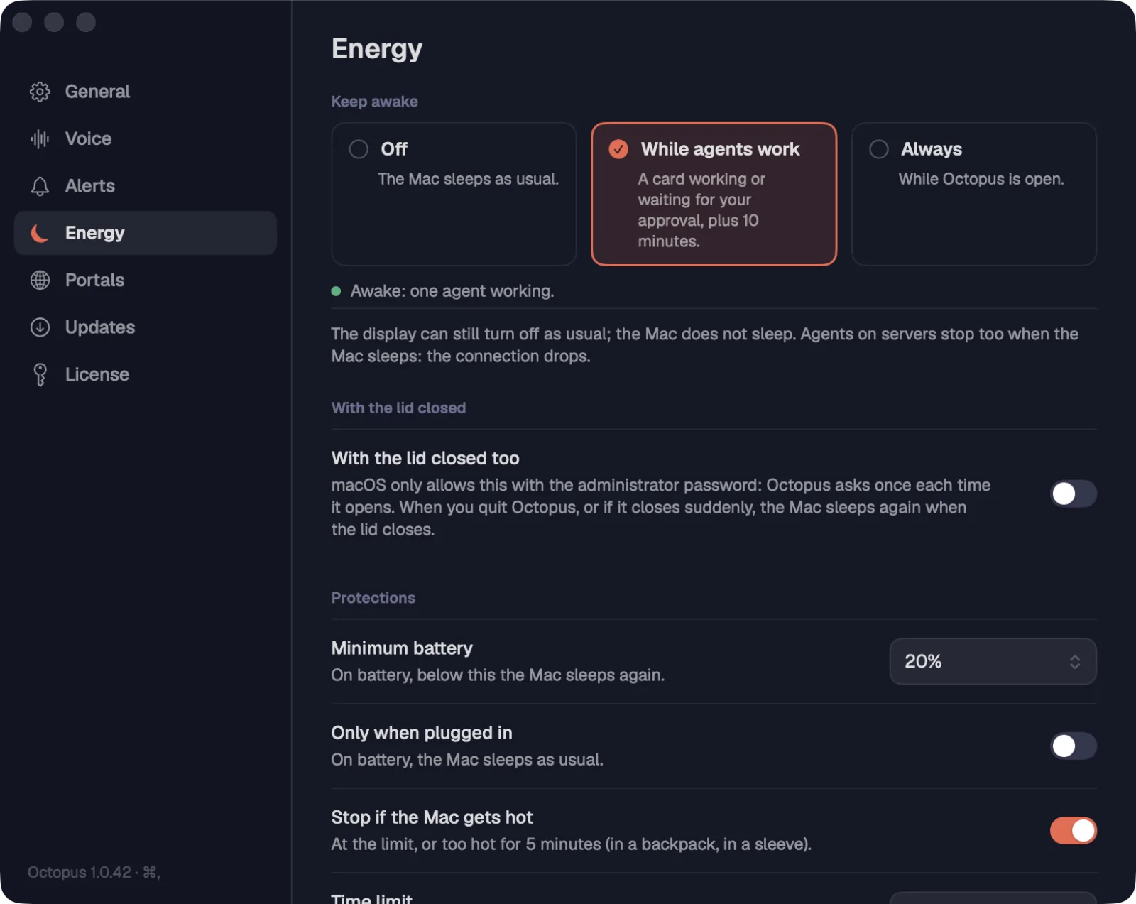 Settings › Energy with an agent working