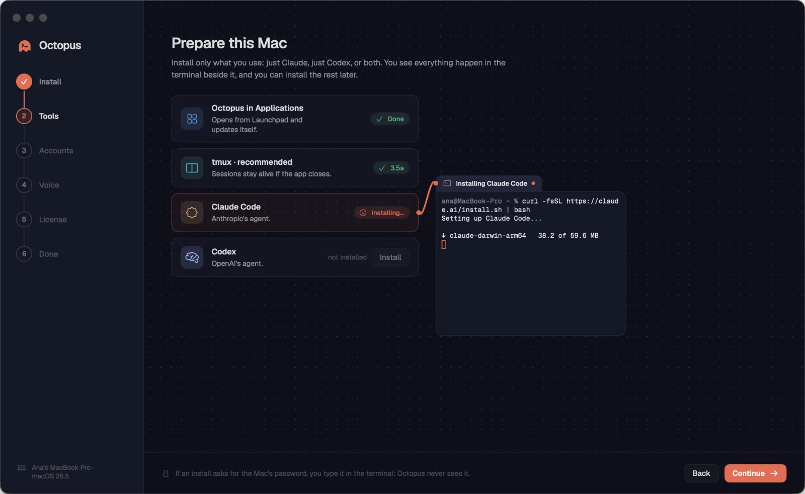 The “Prepare this Mac” step (“Prepare this computer” on Windows and Linux), with the install terminal next to it.
