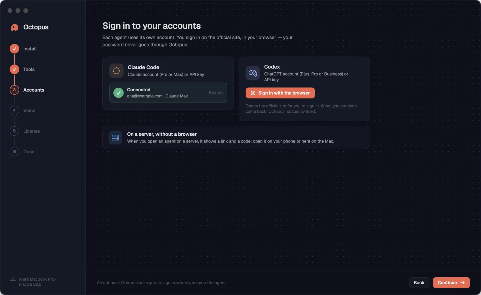 The “Sign in to your accounts” step, with Claude Code connected.