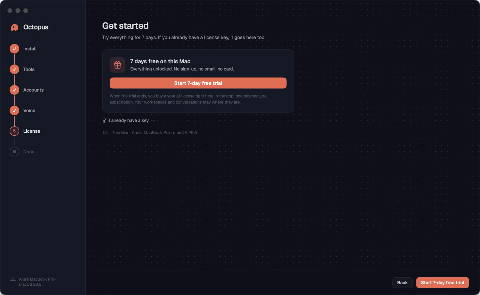 The “Get started” step, with the free trial button.