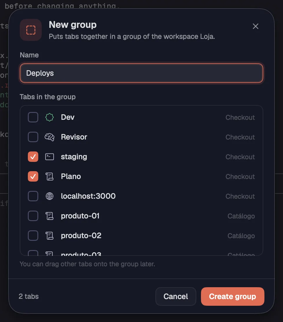 The “New group” sheet, with the chosen tabs.