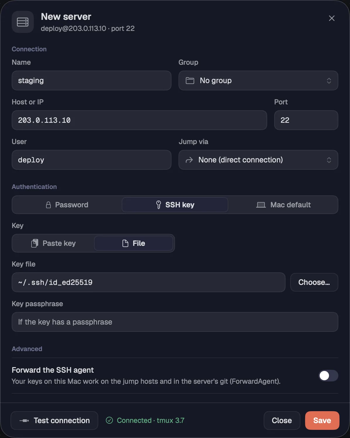 The New server sheet, after Test connection