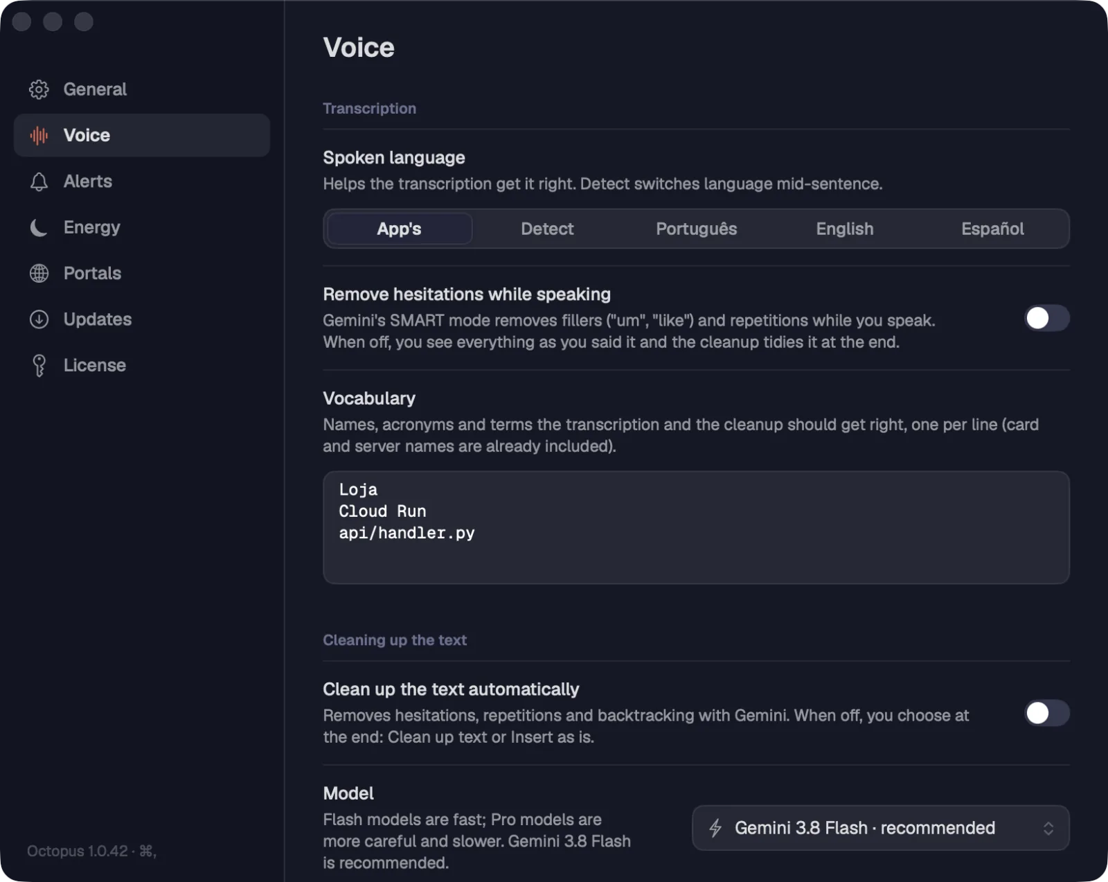 Settings › Voice: transcription and cleaning up the text